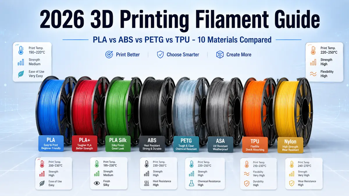 3D 打印耗材完全指南 2026：PLA/ABS/PETG/TPU 怎么选？新手老手都适用的终极选购手册