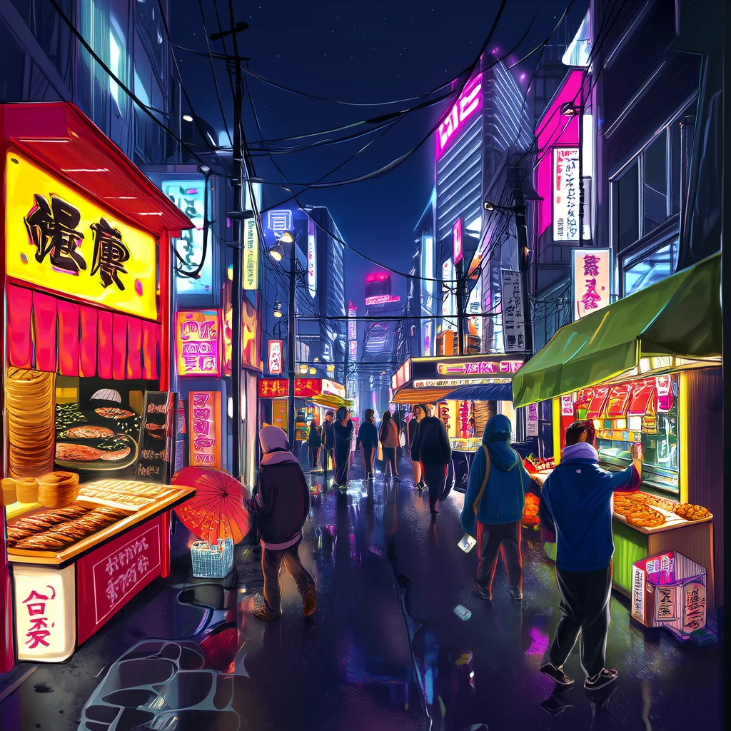 KI-generierte nächtliche Cyberpunk-Stadtlandschaft von Tokio