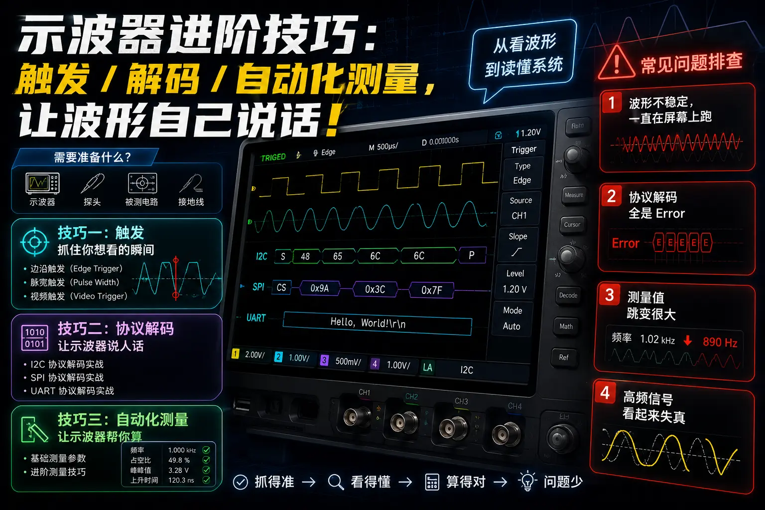 示波器进阶技巧：触发/解码/自动化测量，让波形自己说话