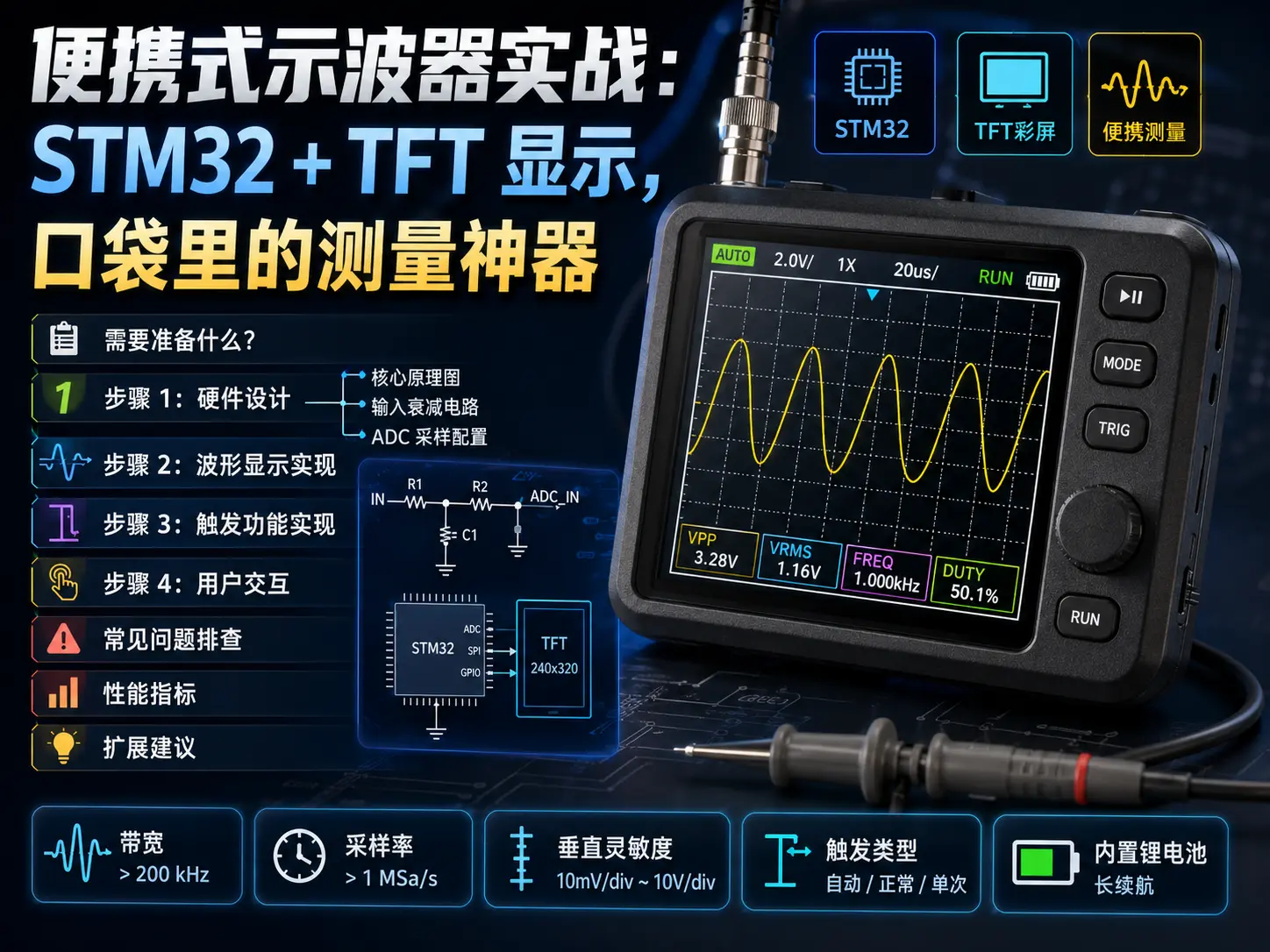 便携式示波器实战：STM32 + TFT 显示，口袋里的测量神器