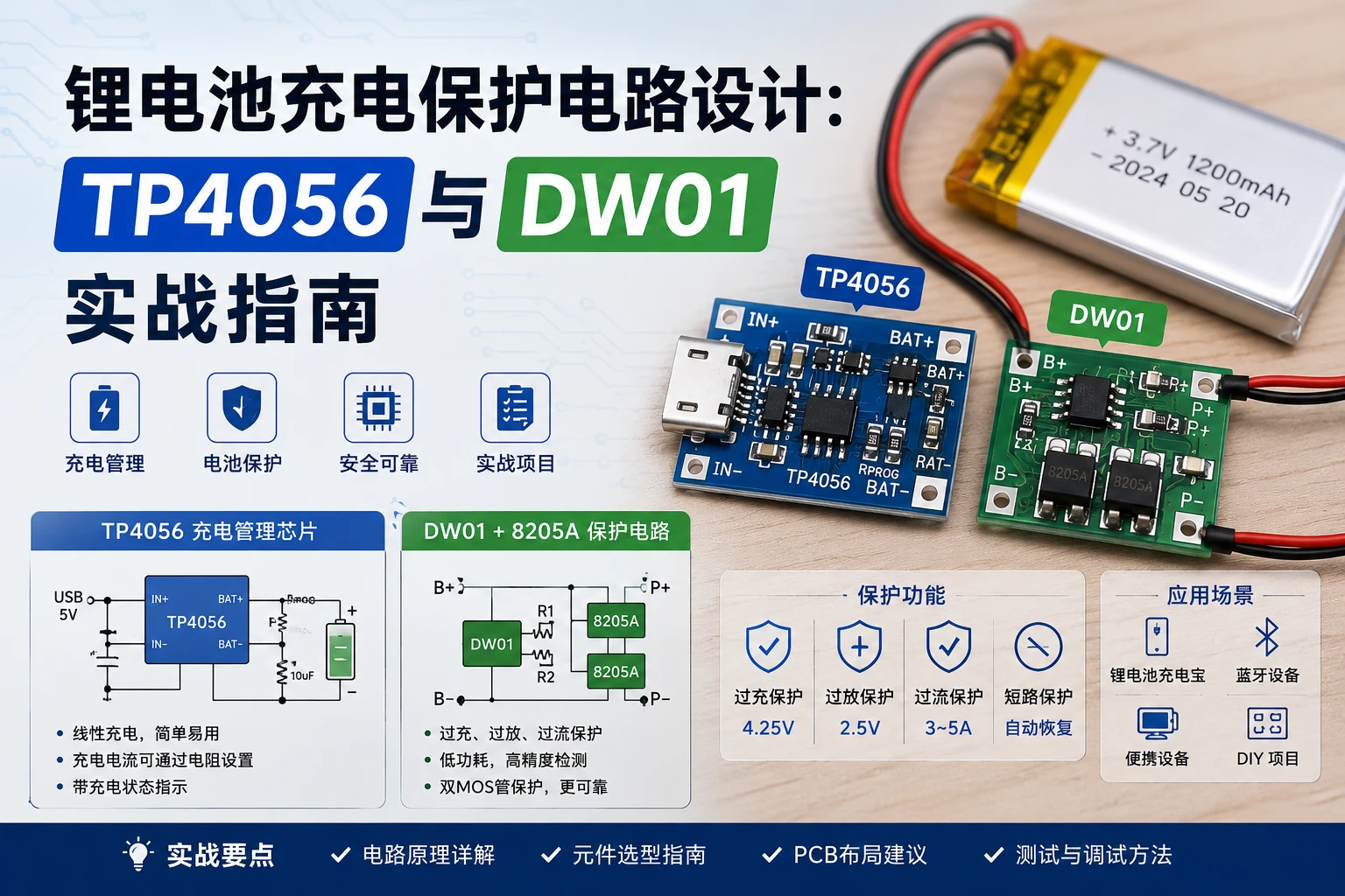 锂电池充电保护电路设计：TP4056 与 DW01 实战指南